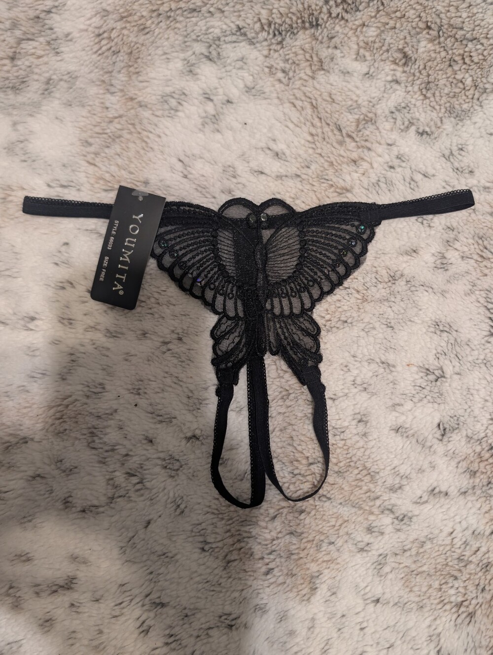 NWT YOUMITA Black Sequin Butterfly Mesh G-String Thong